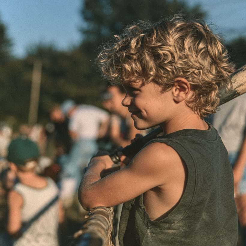 A kid at a tee-ball game, watching from the fence, sunlit sideline behind them.